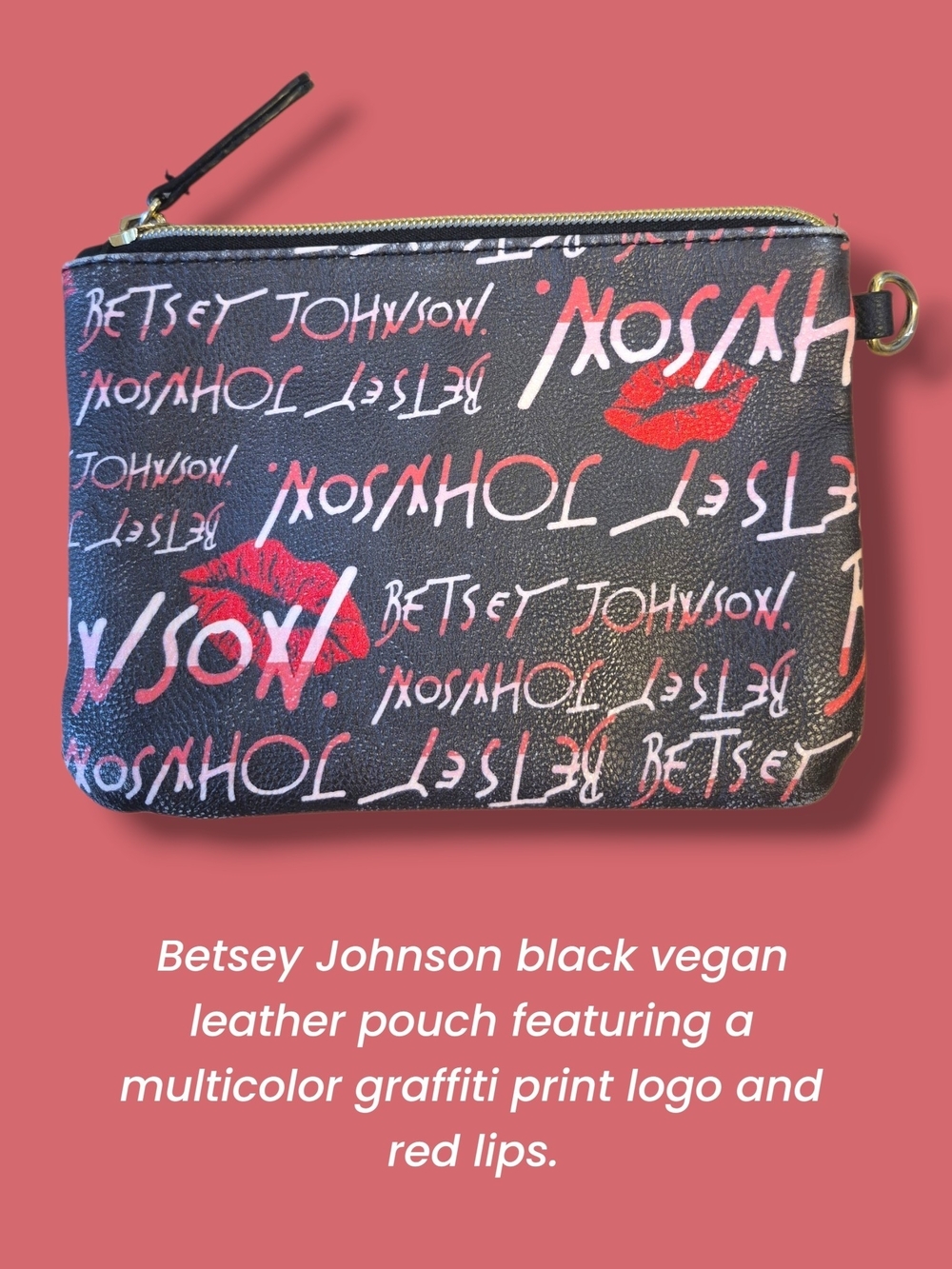 Betsey Johnson black vegan leather pouch multicolor graffiti Logo print & Lips